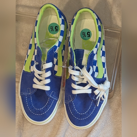 NWOT‎ Vans Blue and Neon Bright Green Checkered Sneakers Lace-up Comfy Sz 7